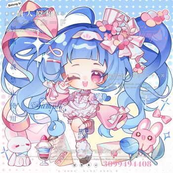 Rule 34 | 1girl, ahoge, apron, artist name, blue background, blue bow, blue hair, blunt bangs, bow, bowtie, cherry, chibi, detached sleeves, dress, envelope, eyelashes, flower, flower-shaped pupils, food, frilled apron, frilled dress, frilled sleeves, frills, fruit, full body, gradient background, grid background, hair bow, hair flower, hair ornament, hairband, hairclip, hat, heart, highres, leg warmers, letter, long hair, long sleeves, looking at viewer, loose socks, maguaxiaoxingqiu, one eye closed, open mouth, original, pink bow, pink bowtie, pink dress, pink eyes, pink flower, pink ribbon, pink sleeves, puffy long sleeves, puffy sleeves, rabbit, ribbon, sample watermark, shoes, short dress, sleeves past wrists, smile, socks, solo, sparkle, strawberry, striped bow, striped clothes, striped socks, stuffed animal, stuffed rabbit, stuffed toy, symbol-shaped pupils, teeth, thigh strap, too many watermarks, twintails, upper teeth only, v, v over eye, very long hair, watermark, weibo username, weibo watermark, white apron, white background, white bow, white dress, white hairband, white socks