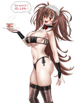 Rule 34 | 1girl, absurdres, ass, bikini, black bikini, black thighhighs, blue notuki, blush, breasts, bridal gauntlets, brown hair, cup, dr. arach, highres, holding, holding plate, large breasts, looking at viewer, maid headdress, navel, open mouth, orange eyes, plate, smile, solo, swimsuit, teacup, thighhighs, tsukihime, tsukihime (remake), white background