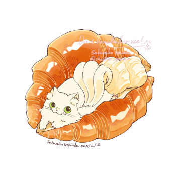 animal animal_ear_fluff animal_ears animal_nose artist_name cat cat_ears cat_tail commentary_request cream croissant dated food green_eyes highres on_food original simple_background soramaru_ell sparkle tail twitter_username whiskers