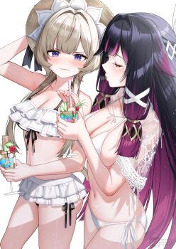 2girls alternate_costume bikini black_hair blue_eyes boshiruboshiru breasts brown_hair closed_eyes closed_mouth columbina_(genshin_impact) genshin_impact highres medium_breasts multiple_girls purple_eyes purple_hair sandrone_(genshin_impact) swimsuit white_background white_bikini