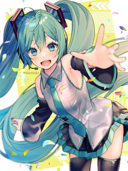 1girl anniversary aqua_eyes aqua_hair aqua_necktie artist_name black_thighhighs breasts detached_sleeves hatsune_miku long_bangs medium_breasts necktie open_mouth pale_skin shoulder_tattoo siomidu solo tattoo teeth thighhighs tongue twintails upper_teeth_only vocaloid white_background yellow_background