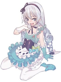 1girl :d aqua_bow aqua_dress aqua_gloves aqua_shoes asymmetrical_gloves blue_eyes bow commentary dress frilled_dress frills full_body gloves green_bow honkai_(series) honkai_impact_3rd long_hair looking_at_viewer matsushita_yuubin mismatched_gloves open_mouth polka_dot polka_dot_bow shoes simple_background sitting smile solo theresa_apocalypse theresa_apocalypse_(wonderland_trek) thighhighs wariza white_background white_bow white_gloves white_hair white_thighhighs