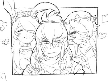 Rule 34 | 1boy, 2girls, blush, breasts, camilla (fire emblem), camilla (spring princess) (fire emblem), chignon, choker, cleavage, closed eyes, fire emblem, fire emblem fates, fire emblem heroes, flower, frills, hair over one eye, hand on own face, heart, multiple girls, nintendo, older female and younger male, one eye covered, rabbit ears, sino skgv, sketch, sweat, takumi (fire emblem), tiara