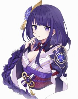 1girl armor blunt_bangs braid breasts bridal_gauntlets cleavage closed_mouth clothing_cutout commentary expressionless genshin_impact hair_ornament highres japanese_clothes kimono large_breasts long_braid looking_at_viewer mitsudomoe_(shape) mole mole_under_eye multicolored_hair neck_ribbon noneon319 off_shoulder purple_eyes purple_hair purple_kimono raiden_shogun red_ribbon red_sash ribbon sash shoulder_armor shoulder_cutout single_braid solo streaked_hair tomoe_(symbol) twitter_username upper_body white_background