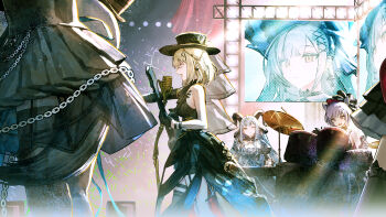 5girls absurdres amoris_(bang_dream!) animal_ears arknights ave_mujica_(bang_dream!) bang_dream! bang_dream!_it&#039;s_mygo!!!!! black_dress black_gloves black_horns black_thighhighs blonde_hair blue_hair cat_ears chain chinese_commentary closed_mouth commentary_request concert curled_horns dog_ears dog_girl doloris_(bang_dream!) dress drum drum_set gloves guitar highres holding holding_guitar holding_instrument holding_microphone_stand horns instrument kemonomimi_mode long_hair medium_hair microphone_stand misumi_uika misumi_uika_(caged_singer) mortis_(bang_dream!) multiple_girls music oblivionis_(bang_dream!) open_mouth playing_drum playing_instrument playing_piano profile purple_eyes purple_hair renxzd short_hair sidelocks stage stage_lights standing thighhighs timoris_(bang_dream!) togawa_sakiko togawa_sakiko_(master_of_melodia) wakaba_mutsumi wakaba_mutsumi_(marionette&#039;s_id) yahata_umiri yahata_umiri_(moonlight_executioner) yuutenji_nyamu yuutenji_nyamu_(magician_of_passion)