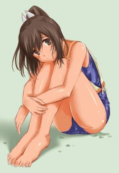 10s 1girl bare_legs barefoot blush brown_eyes brown_hair female_focus green_background highres hugging_own_legs i-401_(kancolle) kantai_collection looking_at_viewer ponytail sailor_collar school_swimsuit simple_background smile solo swimsuit uguisu_kagura