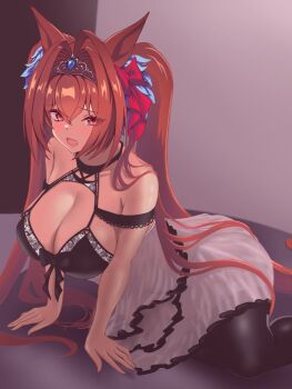 1girl animal_ears antenna_hair arm_support babydoll bare_shoulders black_bra black_thighhighs bow bra breasts brown_hair cleavage commentary_request daiwa_scarlet_(umamusume) dokutaka hair_between_eyes hair_bow hair_intakes hair_ornament highres horse_ears horse_girl horse_tail large_breasts long_hair looking_at_viewer open_mouth red_bow red_eyes solo tail thighhighs tiara twintails umamusume underwear white_babydoll