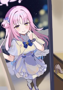 1girl absurdres angel_wings aqua_hair blue_archive blush breasts buttons capelet commentary_request double-breasted dress feathered_wings flower frilled_dress frills full_body gradient_hair hair_bun hair_flower hair_ornament halo high_heels highres long_hair looking_at_viewer low_wings medium_breasts mika_(blue_archive) multicolored_hair open_mouth outdoors pantyhose pink_hair pink_halo pumps scrunchie simple_background single_hair_bun single_side_bun smile smyin_rii solo very_long_hair white_background white_capelet white_pantyhose white_wings wings wrist_scrunchie yellow_eyes