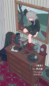 1girl absurdres belt black_hat black_shirt black_shorts book cabinet chair clock collared_shirt grey_hair hat highres long_sleeves no_headwear no_shoes original oversleep painting_(object) picture_frame red_carpet red_socks ribbon shirt short_hair short_hair_with_long_locks shorts socks solo vase wardrobe