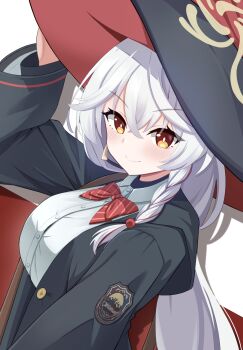 1girl blue_archive bow bowtie braid breasts closed_mouth crossed_bangs eri_(blue_archive) hair_between_eyes halo hat highres long_hair looking_at_viewer raimu_(clanberry000) red_bow red_bowtie shadow simple_background single_braid smile white_background white_hair witch_hat yellow_eyes yellow_halo