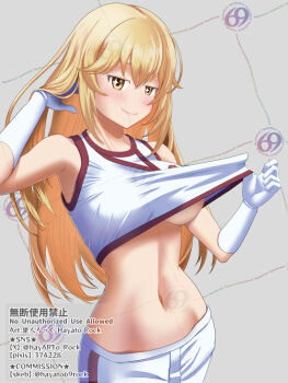 1girl armpits bare_shoulders blonde_hair breasts brown_eyes closed_mouth clothes_pull commentary_request elbow_gloves gloves gym_shirt gym_shorts gym_uniform hand_in_own_hair hayato_rock large_breasts long_hair looking_at_viewer naughty_face navel no_bra pulling_own_clothes scene_reference school_emblem shirt shirt_pull shokuhou_misaki shorts simple_background sleeveless sleeveless_shirt smile sparkling_eyes stomach teasing toaru_kagaku_no_railgun toaru_kagaku_no_railgun_t toaru_majutsu_no_index tokiwadai_school_gym_uniform underboob watermark white_gloves white_shirt white_shorts