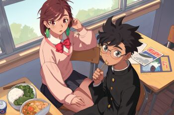 1boy 1girl ayase_momo black_hair black_jacket black_pants black_skirt bow bowtie breasts brown_eyes brown_hair can celestra chopsticks classroom collared_shirt dandadan desk drink_can earrings eating from_above gakuran glasses gold_buttons grey_eyes hand_in_own_hair highres holding holding_chopsticks jacket jewelry light_blush lunch magazine_(object) medium_breasts medium_hair pants parted_lips pink_sweater pleated_skirt red_bow red_bowtie round_eyewear school_desk school_uniform shirt shirt_under_sweater sitting skirt sweater takakura_ken_(dandadan) ufo white_shirt window