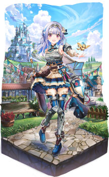 1girl :d absurdres alternate_costume ankle_boots arm_armor armor armored_animal armpits belt belt_pouch bench bird blue_footwear blue_hair blue_shirt blue_skirt blue_sky blue_thighhighs blunt_bangs blush boots brown_bag brown_belt bunting chest_guard cloud cloudy_sky cobblestone colored_inner_hair commentary_request cross-laced_footwear day detached_sleeves diorama european_architecture eyelashes fantasy fountain frilled_skirt frills full_body gold_trim grass greaves hairband half_updo helmet highres house knees_together_feet_apart layered_skirt lize_helesta long_hair looking_at_viewer miniskirt multicolored_hair nijisanji open_mouth outdoors outstretched_arm palace path pouch purple_eyes road scabbard sebastian_piyodore sheath shirt sidelocks skirt skirt_hold sky sleeveless sleeveless_shirt smile standing standing_on_one_leg sword thighhighs translation_request two-tone_hair veerinly virtual_youtuber weapon white_hair white_skirt white_sleeves wooden_bench yellow_bird