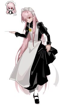 Rule 34 | 1boy, absurdres, alternate costume, animification, apron, black dress, black shoes, chibi, chibi inset, chinese commentary, clothes lift, commentary request, crossdressing, crossdressing (mtf), crown (symbol), dress, dress lift, full body, hair over one eye, highres, holding, holding plate, humanization, juliet sleeves, long dress, long hair, long sleeves, madongmei56994, maid, maid apron, maid headdress, male focus, male maid, mary janes, meme, minecraft youtube, multiple views, pin, pink hair, plate, puffy sleeves, red eyes, shoes, simple background, socks, solo focus, standing, technoblade, technomaid (meme), trap, very long hair, white apron, white background, white socks