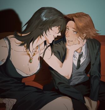 1boy 1girl anya_(mouthwashing) bare_shoulders black_dress black_hair black_jacket black_necktie black_pants blush breasts brown_eyes brown_hair cleavage closed_mouth collarbone collared_shirt commentary couch daisuke_(mouthwashing) dress fingernails gem gold_necklace green_gemstone grey_sweater_vest hair_between_eyes hand_on_another&#039;s_face hand_up hetero highres indoors jacket jewelry kugai697139 lapels large_breasts lips long_fingernails long_hair long_sleeves looking_at_another mouthwashing necklace necktie nervous on_couch open_clothes open_jacket open_mouth pants shadow shirt short_hair sitting sleeveless sleeveless_dress smile spread_legs sweat sweater_vest symbol-only_commentary tan teeth white_shirt