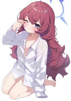 1girl blue_archive blue_halo bottomless collared_shirt flat_chest fluffy_hair grey_eyes hair_between_eyes halo highres iroha_(blue_archive) loli long_hair long_sleeves naked_shirt one_eye_closed partially_unbuttoned red_hair shinori_(efvbji6264) shirt sitting solo very_long_hair wariza white_shirt