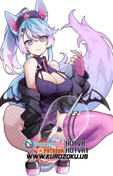 1girl animal_ears artist_name black_jacket black_panties black_thighhighs black_wings blue_eyes blue_hair breasts cleavage cleavage_cutout clipboard closed_mouth clothing_cutout collared_dress commentary covered_erect_nipples cross cross_hair_ornament cross_print demon_wings dress ear_flower english_commentary eyeshadow fang fang_out fingerless_gloves fishnet_thighhighs fishnets flower-shaped_pupils gloves gradient_eyes gradient_hair gradient_tail hair_between_eyes hair_ornament hairclip hat heart_cutout high_ponytail highres holding holding_clipboard hot_vr indie_virtual_youtuber jacket large_breasts long_hair long_sleeves looking_at_viewer makeup mismatched_thighhighs multicolored_eyes multicolored_hair necktie nurse_cap oversized_object panties patreon_logo patreon_username pink_eyes pink_eyeshadow pink_gloves pink_hair pink_lips pink_necktie pink_shoes pink_thighhighs pixiv_logo pixiv_username ponytail pouch purple_dress purple_hat riding shoes silvervale silvervale_(nurse) simple_background smile solo squatting subscribestar_logo subscribestar_username symbol-shaped_pupils syringe tail thigh_pouch thighhighs thighs two-tone_hair underwear virtual_youtuber watermark web_address white_background wings wolf_ears wolf_girl wolf_tail