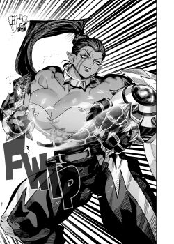 Rule 34 | 1girl, absurdres, breasts, broad shoulders, card, choker, cleavage, dark-skinned female, dark skin, duel monster, ericmartindood, hair pulled back, highres, holding, holding card, large breasts, monochrome, motion lines, muscular, muscular female, pants, pointy ears, ponytail, scar, scar across eye, scar on face, simple background, smile, solo, spiked choker, spikes, tania (yu-gi-oh!), yu-gi-oh!, yu-gi-oh! gx