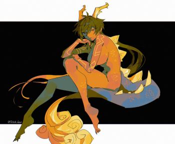 0120_lot 1girl barefoot body_markings breasts completely_nude dragon_girl dragon_horns dragon_tail fingernails full_body genderswap genderswap_(mtf) genshin_impact hair_between_eyes highres horns large_breasts long_hair nude scales sharp_fingernails sharp_toenails simple_background solo tail toenails twitter_username very_long_hair zhongli_(genshin_impact)