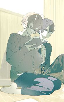 2boys backlighting barefoot black_hair black_jacket black_pants blue_pants book bow bowtie brown_hair closed_mouth collared_shirt glasses grey_sweater hair_between_eyes highres holding holding_book indoors jacket knee_up lapels long_sleeves looking_down male_focus ml_rmi multiple_boys notched_lapels on_floor open_book open_clothes open_jacket original pants reading round_eyewear shirt short_hair sitting sweater white_shirt wooden_floor wooden_wall