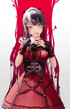 1girl 3d absurdres bilingual_commentary black_corset black_hair black_nails black_ribbon commentary corset cowboy_shot dress eyelashes hair_ribbon high_ponytail highres hololive hololive_english licking_own_finger long_hair looking_at_viewer mikumikudance_(medium) mixed-language_commentary multicolored_hair official_alternate_costume ponytail red_dress ribbon shiori_novella shiori_novella_(casual) solo split-color_hair standing strap sunekosurisuri tongue tongue_out two-tone_hair virtual_youtuber yellow_eyes