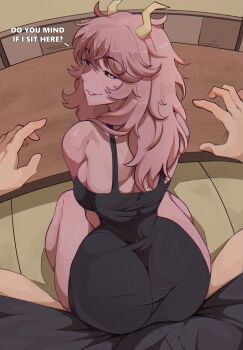 1girl absurdres ashido_mina ass backboob black_dress black_sclera boku_no_hero_academia breasts colored_sclera commentary dress english_commentary english_text faceless faceless_male flirting highres horns huge_ass large_breasts lixiart long_hair looking_at_another looking_back narrow_waist pink_hair sitting sitting_on_lap sitting_on_person skin_tight thick_thighs thighs wide_hips yellow_eyes yellow_horns