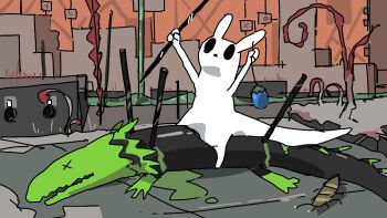 arms_up cityscape colored_skin creature death empty_eyes food fruit highres holding holding_polearm holding_weapon impaled lizard no_humans polearm rain_world slugcat spear stab tsukumizu weapon white_skin x_x