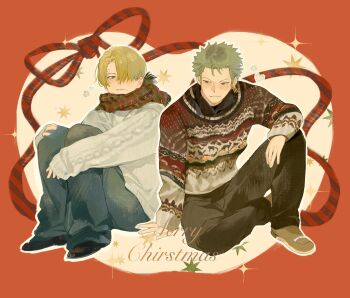 Rule 34 | 2boys, blonde hair, blue eyes, brown eyes, christmas sweater, curly eyebrows, earrings, english text, green hair, green scarf, hair over one eye, highres, hugging own legs, jewelry, lucis0407, male focus, merry christmas, multiple boys, multiple earrings, one piece, red scarf, roronoa zoro, sanji (one piece), scarf, short hair, sitting, striped clothes, striped scarf, sweater, two-tone scarf, white sweater