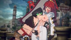2girls 3d animated black_hair breast_sucking breasts breasts_out cleavage fingering fingerless_gloves gloves green_eyes guilty_gear guilty_gear_strive hairdressing hat highres i-no jack-o'_valentine large_breasts looping_animation medium_breasts multiple_girls nipples outdoors red_hair rouge_nine sound sunglasses tagme video wallimog witch_hat yuri