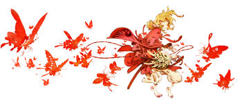 Rule 34 | 1other, absurdres, ambiguous gender, barefoot, blonde hair, bug, butterfly, closed eyes, coke-dog, commentary, dancing, harem pants, highres, insect, mixed artstyle, mixed media, original, painting (medium), pants, red theme, tagme, traditional media, watercolor (medium), white background