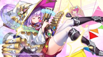 1girl black_boots boots bullet commentary_request gun hat heart highres holding holding_gun holding_weapon lilia_(twinkle_star_knights) mafuyun miniskirt official_art one_eye_closed purple_eyes purple_hair red_skirt skirt thighhighs twinkle_star_knights weapon white_hat white_thighhighs witch_hat