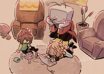 1boy 1girl 1other :| aged_down ant_tenna armchair blonde_hair brown_hair chair child closed_mouth computer deer_girl deltarune gloves indoors jacket kris_(deltarune) laptop long_nose lying no_eyes noelle_holiday object_head on_floor on_stomach pointy_nose rechain red_jacket rug short_hair signature sitting smile television utdr_(toby_fox) white_gloves