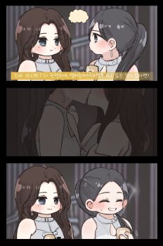 2girls black_hair blue_eyes blush brown_hair closed_eyes dress earrings grin highres hoop_earrings ive_(group) jewelry k-pop kiss korean_text long_hair matcha_0511 mole mole_under_eye multiple_girls ponytail real_life smile translation_request white_dress wonyoung_(ive) yujin_(ive) yuri