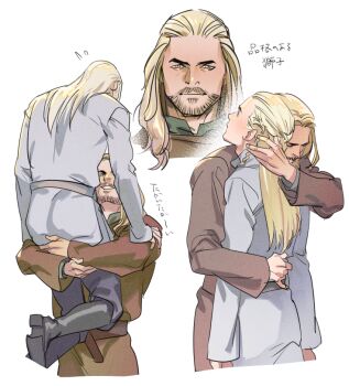 Rule 34 | 2boys, arm around waist, beard, black boots, blonde hair, boots, braid, brown coat, closed mouth, coat, collared shirt, commentary request, elf, eomer, facial hair, flying sweatdrops, green shirt, grey coat, grey pants, hair slicked back, hug, legolas, lifting person, long hair, male focus, multiple boys, multiple views, pants, pointy ears, shirt, side braid, smile, tatsumi (psmhbpiuczn), the lord of the rings, tolkien's legendarium, upper body, white background, yaoi