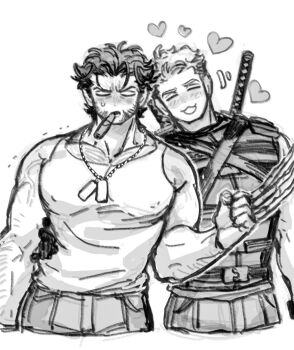 arm_hair belt blush bodysuit bone chest_hair cigar claws clenched_hand closed_eyes covered_erect_nipples deadpool dishing dog_tags facial_hair facing_viewer gloves hand_on_another's_waist head_tilt heart highres large_pectorals male_focus marvel monochrome mouth_hold muscular muscular_male pants pectorals short_hair smile smoking sweatdrop sword sword_on_back tank_top veins veiny_arms weapon weapon_on_back wolverine_(x-men) x-men x-men_film_series x-men_origins:_wolverine yaoi