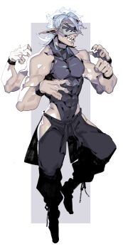 1boy ahoge bare_shoulders black_pants blindfold clenched_hand clothing_cutout covered_abs covered_collarbone covered_pectorals deltoids extra_arms fingernails floating full_body grey_background grey_leotard grey_nails hakama hakama_pants heattech_leotard highleg highleg_leotard highres hip_vent horns japanese_clothes leg_up leotard male_focus medium_hair mullet muscular open_mouth original pants pectorals pointy_ears rectangle sharp_fingernails sharp_teeth sido_(slipknot) signature simple_background skin_tight sleeveless smile solo teeth trapezius turtleneck two-tone_background white_background white_hair wristband