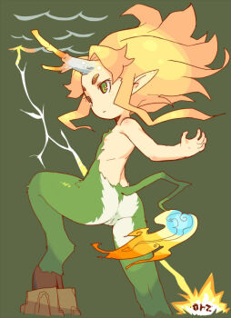 Rule 34 | 1girl, anus, big hair, blonde hair, cleft of venus, female focus, fire, flame-tipped tail, flat chest, fur, green background, green eyes, hooves, horns, lightning, monster girl, nude, om (nk2007), original, pointy ears, prostration, pussy, simple background, single horn, solo, tail