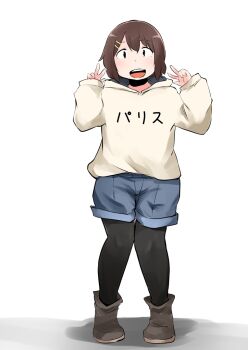 1girl black_pantyhose boots brown_boots brown_hair hair_ornament hairclip hands_up hirasawa_yui hood hood_down hoodie k-on! kirinama01 long_sleeves pantyhose short_hair shorts solo v white_hoodie