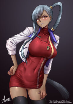 1girl adsouto breasts code_geass contrapposto cropped_jacket dark-skinned_female dark_skin dress grey_hair hand_on_own_hip hand_on_own_thigh highres jacket large_breasts long_hair orange_eyes parted_lips red_dress side_ponytail signature solo thighhighs variant_set very_long_hair villetta_nu whistle whistle_around_neck white_jacket