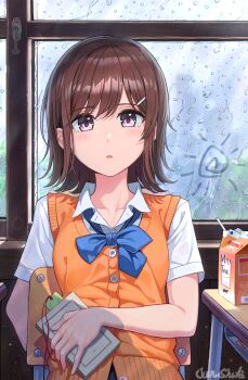 1girl blue_bow blue_bowtie book bookmark bow bowtie brown_hair cardigan cardigan_vest collarbone collared_shirt commentary_request condensation desk drink_carton glass_writing hair_ornament hairclip highres holding holding_book junshiki looking_at_viewer medium_hair milk_carton orange_cardigan original parted_lips purple_eyes school_desk school_uniform shirt short_sleeves signature sitting solo white_shirt window window_fog