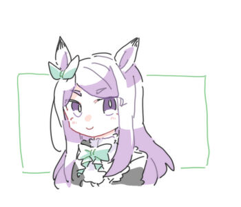 1girl animal_ears beer_hsk black_jacket bow chibi closed_mouth cropped_torso ear_piercing green_bow green_ribbon horse_ears jacket long_hair looking_at_viewer mejiro_mcqueen_(frontline_elegance)_(umamusume) mejiro_mcqueen_(umamusume) piercing purple_eyes purple_hair ribbon short_eyebrows smile solo swept_bangs thick_eyebrows umamusume upper_body white_background