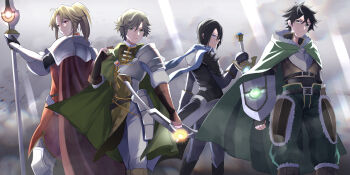 4boys absurdres amaki_ren arm_shield armor belt black_armor black_belt black_coat black_gloves black_hair black_shirt blonde_hair blue_eyes blue_gloves blue_scarf blue_shirt boots bow_(weapon) breastplate bridal_gauntlets brown_armor brown_boots brown_bridal_gauntlets brown_gloves brown_shirt brown_tabard cape caramelo_game cloak coat commentary_request double-parted_bangs dust_cloud elbow_gloves feet_out_of_frame fingerless_gloves floating_cape floating_clothes floating_coat floating_scarf from_behind frown fur-trimmed_armor fur-trimmed_boots fur-trimmed_gloves fur-trimmed_hood fur_trim gloves glowing_gem green_cape green_cloak green_eyes green_pants grey_armor hair_between_eyes highres holding holding_bow_(weapon) holding_polearm holding_shield holding_sword holding_weapon hood hood_down hooded_cape hooded_cloak iwatani_naofumi kawasumi_itsuki kitamura_motoyasu knee_boots layered_shirt leather_armor legendary_bow_(small_bow)_(tate_no_yuusha_no_nariagari) legendary_bow_(tate_no_yuusha_no_nariagari) legendary_shield_(small_shield)_(tate_no_yuusha_no_nariagari) legendary_shield_(tate_no_yuusha_no_nariagari) legendary_spear_(small_spear)_(tate_no_yuusha_no_nariagari) legendary_spear_(tate_no_yuusha_no_nariagari) legendary_sword_(small_sword)_(tate_no_yuusha_no_nariagari) legendary_sword_(tate_no_yuusha_no_nariagari) light_rays long_sleeves looking_at_viewer looking_to_the_side medium_hair messy_hair multicolored_coat multicolored_gloves multiple_boys muneate pants parted_bangs pauldrons pinstripe_pants pinstripe_pattern polearm ponytail red_cape reverse_grip scarf serious shield shin_guards shirt short_hair short_ponytail short_sleeves shoulder_armor single_pauldron spear spiked_pauldrons spikes straight_hair sword tabard tassets tate_no_yuusha_no_nariagari turtleneck turtleneck_shirt two-tone_coat two-tone_gloves v-shaped_eyebrows weapon white_coat white_pants white_shirt