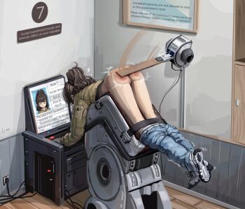 1girl ass bottomless bound brown_hair buli_(rzcd5827) english_text highres long_hair machine punishment spanked tagme