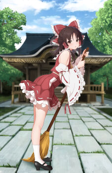 1girl absurdres black_shoes blue_sky bow broom brown_hair building cloud commentary_request day detached_sleeves from_side full_body gibun_(sozoshu) grass hair_bow hair_tubes hakurei_reimu highres holding holding_broom kneehighs legs long_hair mary_janes midriff_peek outdoors red_bow shadow shoes shrine sky socks solo standing touhou tree white_socks