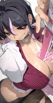 1girl black_hair black_sclera breasts colored_sclera commentary_request hata4564 highres large_breasts original sword sword_between_breasts weapon