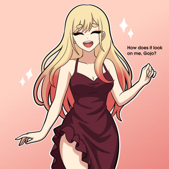 1girl absurdres alx_draws blonde_hair breasts cleavage closed_eyes collarbone commentary dress english_commentary english_text frilled_dress frills gradient_background hand_up highres kitagawa_marin medium_breasts multicolored_hair open_mouth orange_background red_dress sleeveless sleeveless_dress solo sono_bisque_doll_wa_koi_wo_suru sparkle talking teeth thighs upper_teeth_only wide_hips