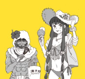 1boy 1girl alternate_costume bad_id bad_pixiv_id blunt_bangs breasts bucket cleavage closed_mouth crescent crescent_necklace facing_viewer fingernails flower food fundoshi greyscale grimms_notes hands_up hat hat_flower holding holding_bucket holding_food holding_ice_cream ice_cream japanese_clothes jewelry kaguyahime_(gekkou)_(grimms_notes) kaguyahime_(grimms_notes) long_hair long_sidelocks misoshiru_umai4 monochrome musashibou_benkei_(grimms_notes) necklace sidelocks smile standing sunglasses swimsuit toned toned_male tongue tongue_out translation_request very_long_sidelocks yellow_background
