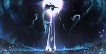 5girls absurdres aurora blue_hair blue_skin bone chinese_commentary cloud cloudy_sky colored_skin commentary_request completely_nude dm-sheep elden_ring extra_arms floating flower hat highres long_hair mermaid mixed-language_commentary monster_girl moon multiple_girls night nude ranni_the_witch robe rock signature sky star_(sky) starry_sky statue sword weapon white_flower white_hat white_petals white_robe