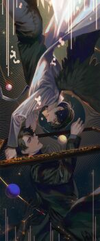 2boys absurdres black_coat black_eyes black_hair black_wings blackbox_(blackbox9158) coat curtained_hair feathered_wings floating grin highres kim_dokja light_rays looking_at_another male_focus multiple_boys omniscient_reader&#039;s_viewpoint open_clothes open_coat orbital_path outstretched_arms people planet popped_collar reaching reaching_towards_another short_hair sky smile space star_(sky) starry_sky too_many_hands upside-down white_coat wings yoo_joonghyuk