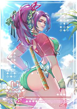 1girl 2025 alternate_costume artist_logo artist_name ass back_cutout beach border breasts cleavage closed_mouth clothing_cutout commentary contrapposto cowboy_shot curtained_hair curvy day english_commentary english_text green_one-piece_swimsuit hair_ribbon hand_on_own_hip hand_on_own_thigh highleg highleg_one-piece_swimsuit highres huge_ass large_breasts legs_apart logo long_hair looking_at_viewer looking_back marvel marvel_rivals midriff official_alternate_costume one-piece_swimsuit one_eye_closed pink_shirt polearm ponytail psylocke psylocke_(breezy_butterfly) purple_hair ribbon rushifaa shiny_skin shirt sideboob swimsuit thick_thighs thighs water weapon weapon_on_back wide_hips wristband x-men